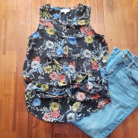 Pink Rose Tops - Pink Rose Black Blouse w/ Red Blue Yellow Flowers